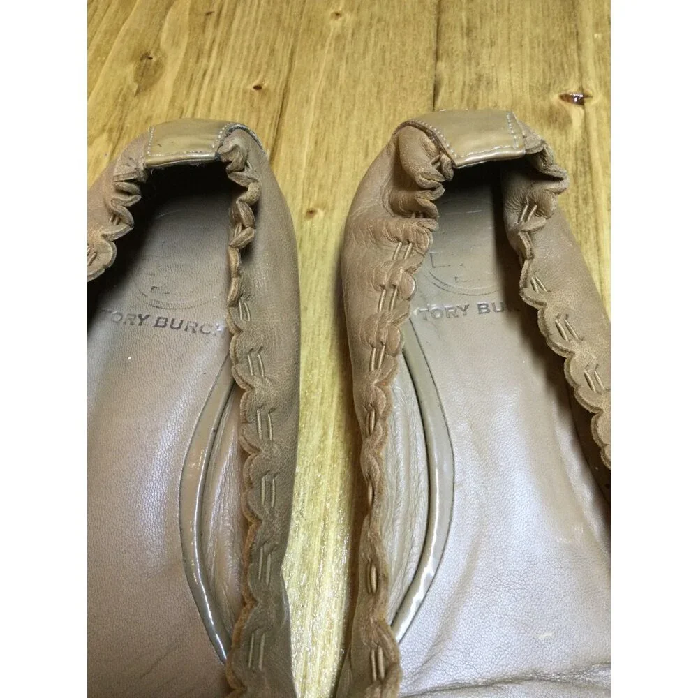 Tory Burch Tan Leather Eddie Bow Ballet Flats Women Size 6M Slip On Shoes